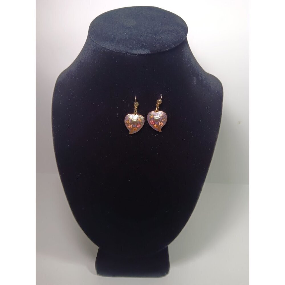 Vintage Cloisonné Earrings Butterfly Floral Heart Shaped Enamel Metal Purple
